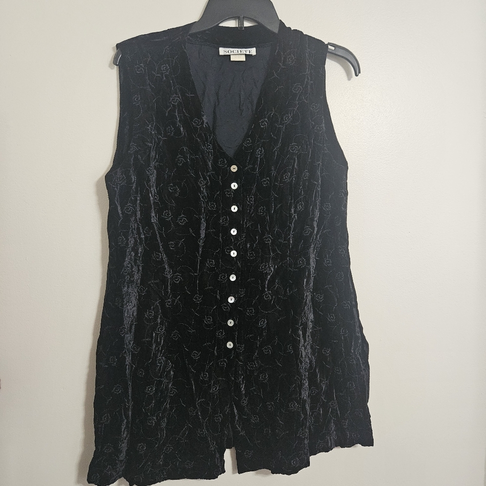 Vintage Long Velvet Floral Black Vest Button Down Whimsigoth